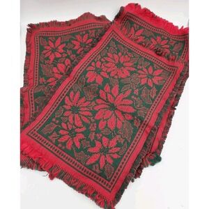 Vintage Christmas Poinsettias Tapestry Fringe Placemats Set of 4 Red Green